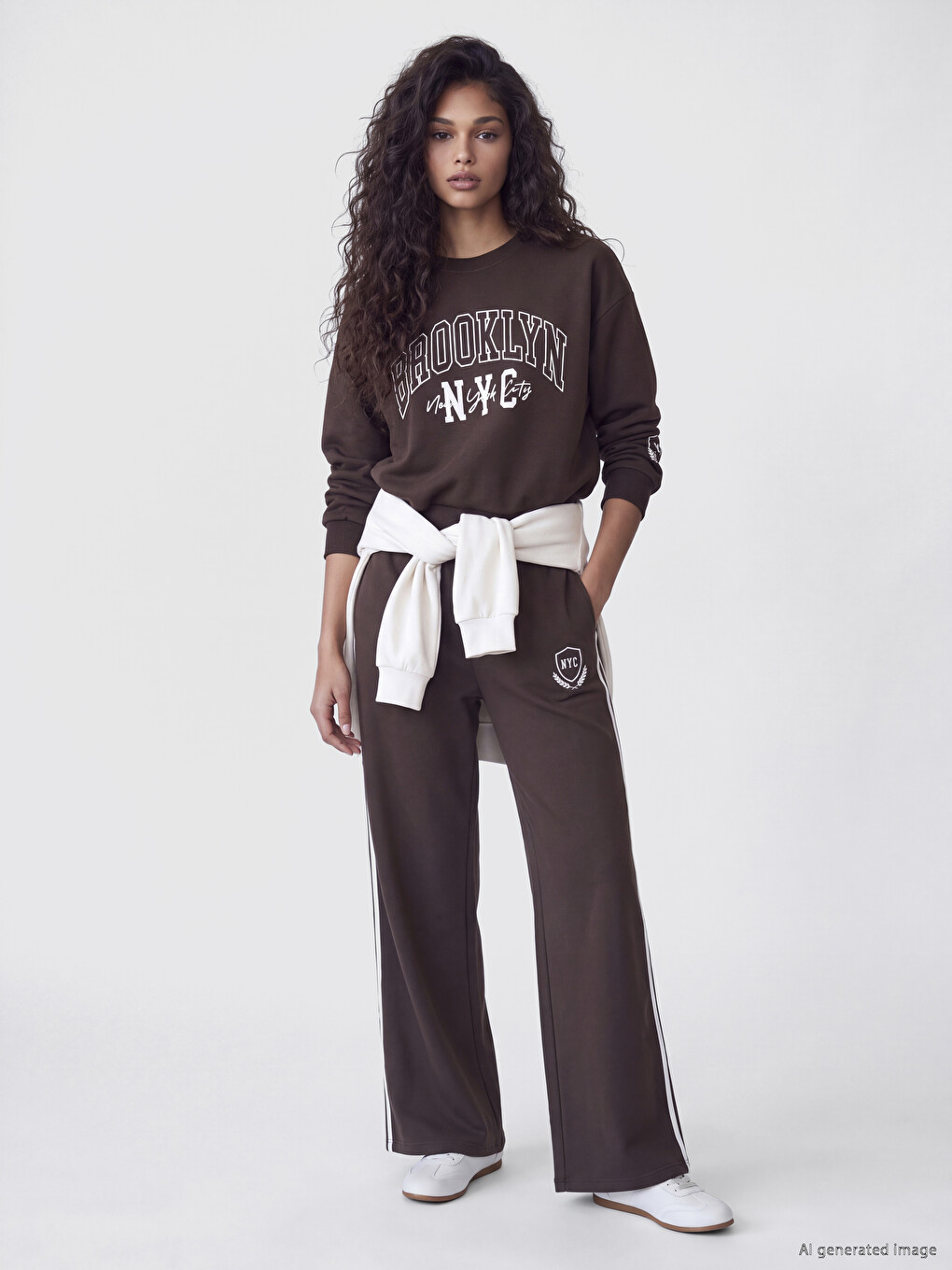 Kahverengi Nyc Baskılı Oversize Kadın Kalın Sweatshirt-1