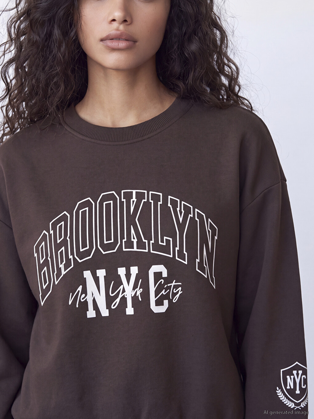 Kahverengi Nyc Baskılı Oversize Kadın Kalın Sweatshirt-2