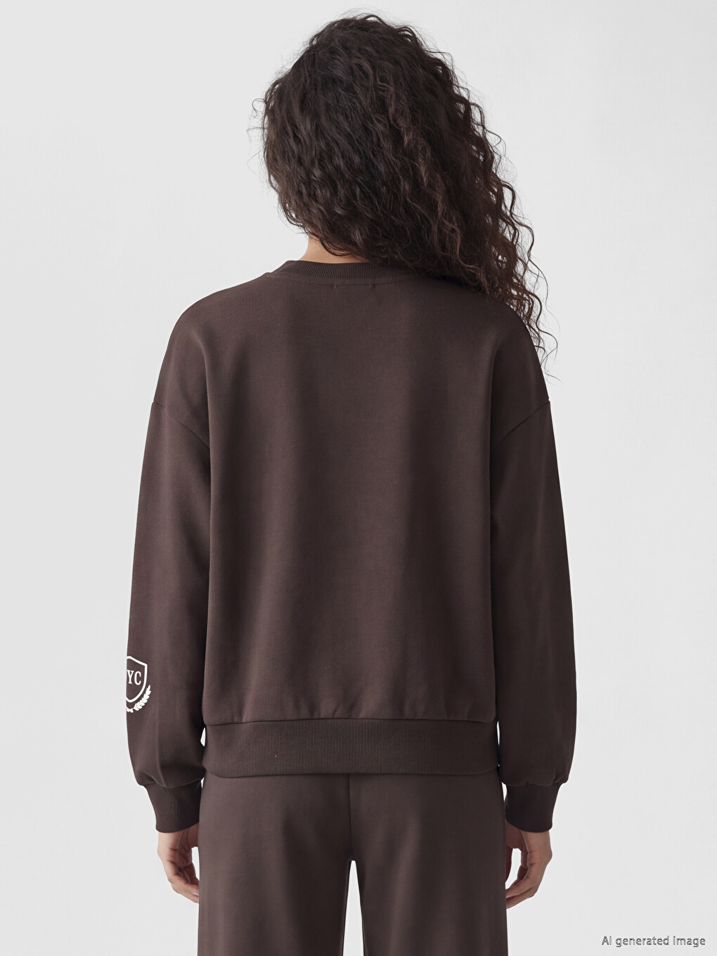 Kahverengi Nyc Baskılı Oversize Kadın Kalın Sweatshirt-3
