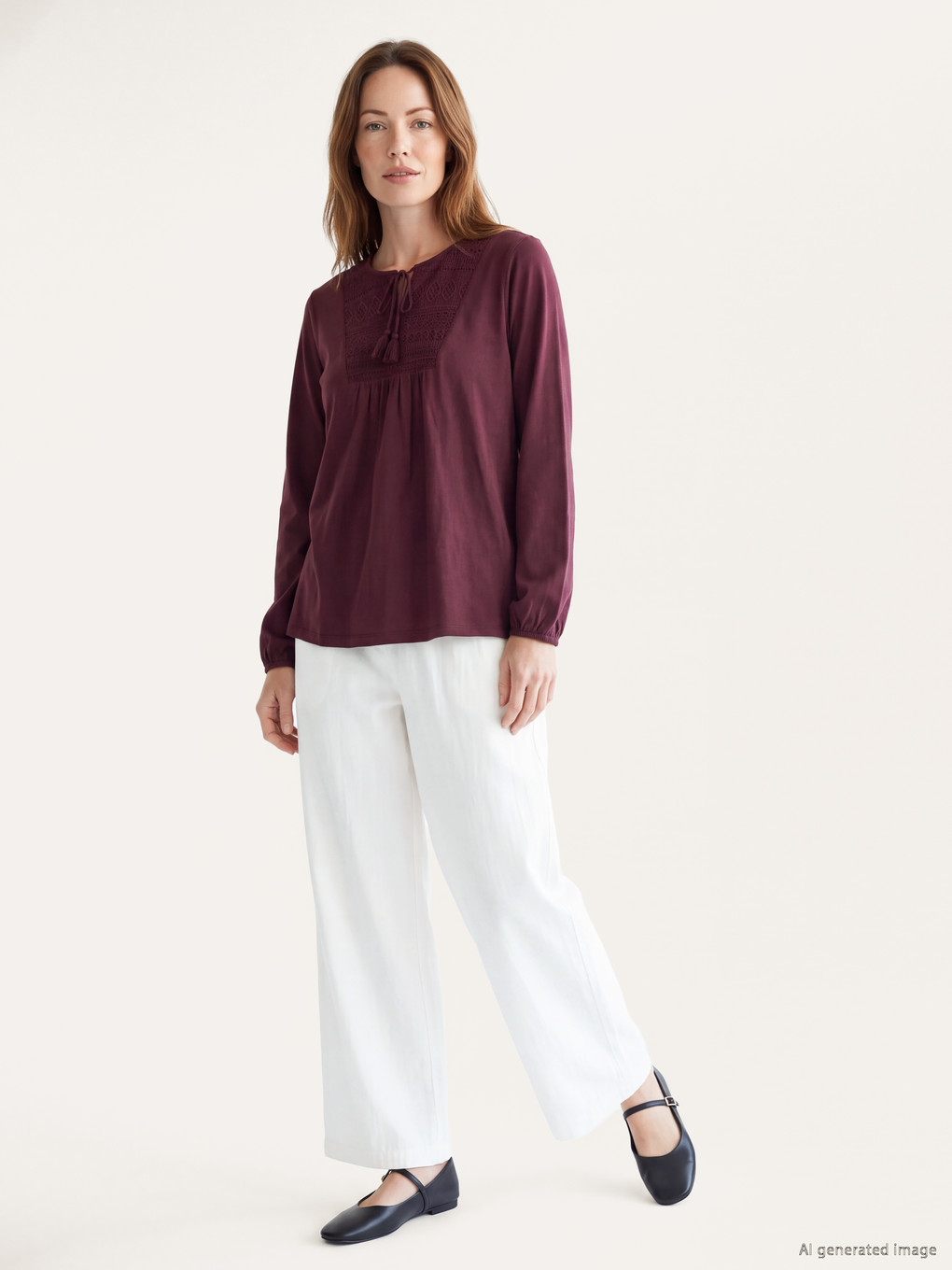 Tie Neck Embroidered Ruched Blouse-1