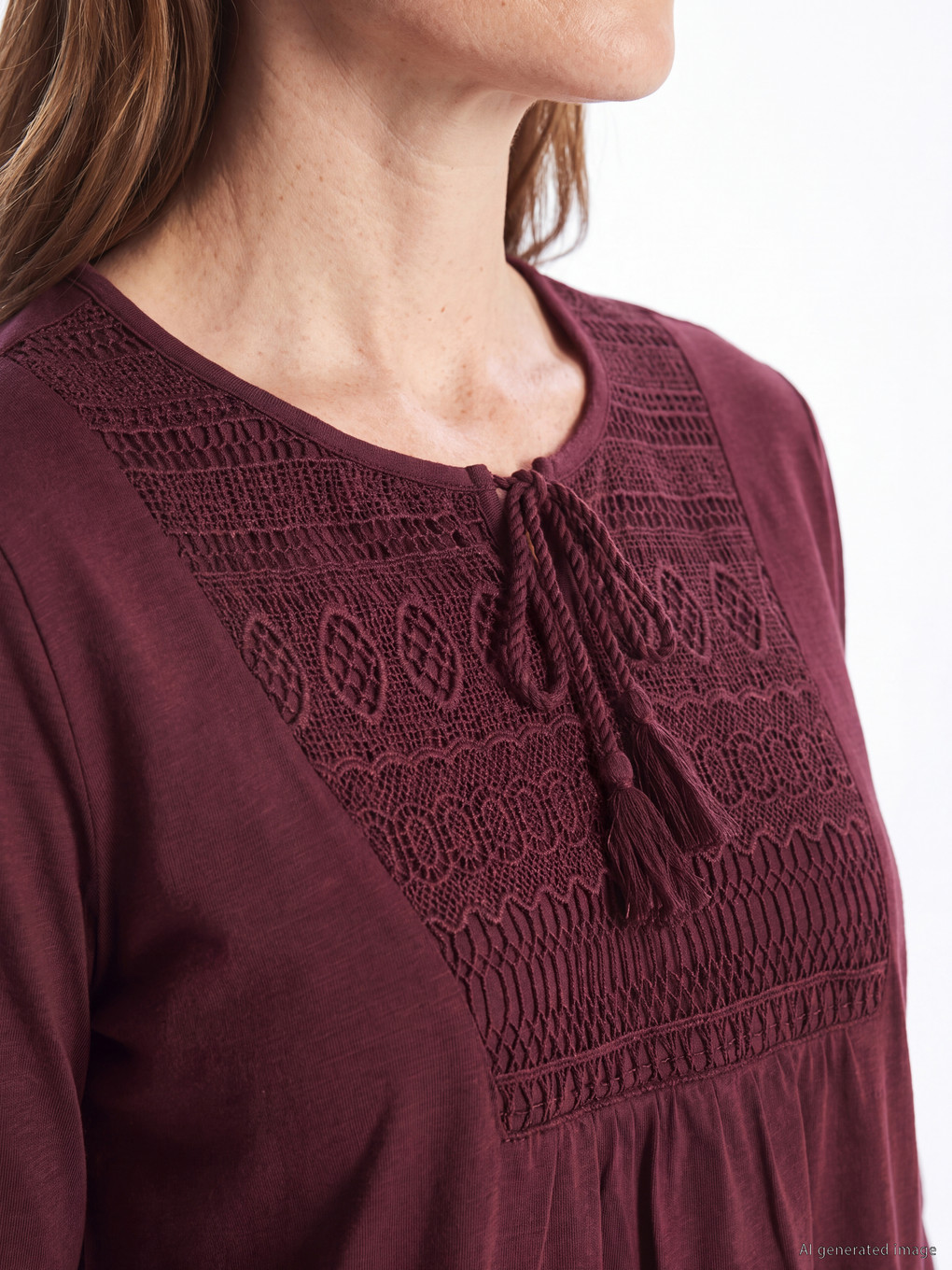Tie Neck Embroidered Ruched Blouse-2