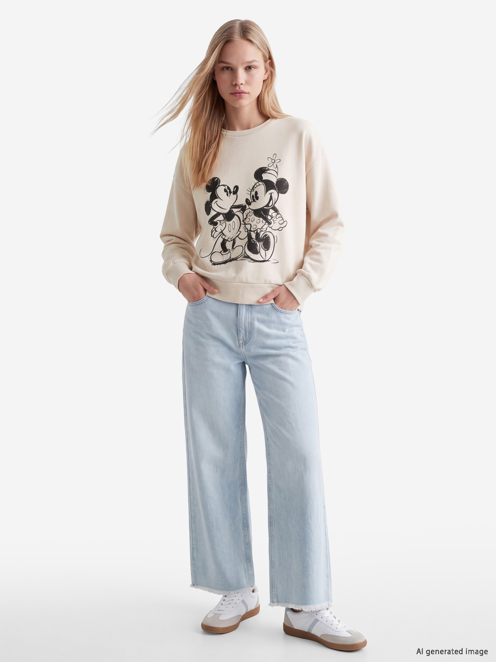 Bej Mickey Mouse Baskılı Soft Touch Kadın Sweatshirt-1