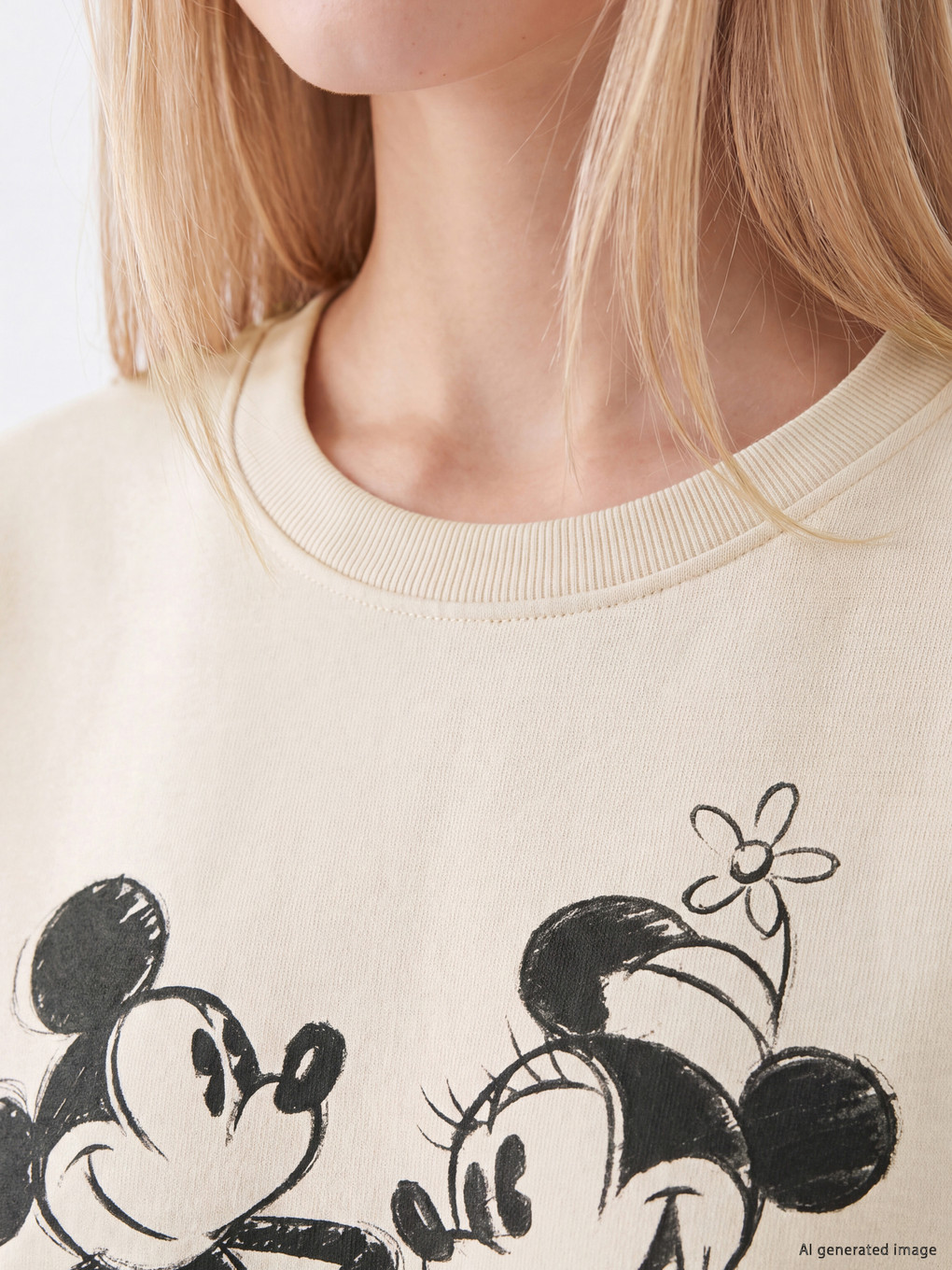 Bej Mickey Mouse Baskılı Soft Touch Kadın Sweatshirt-2