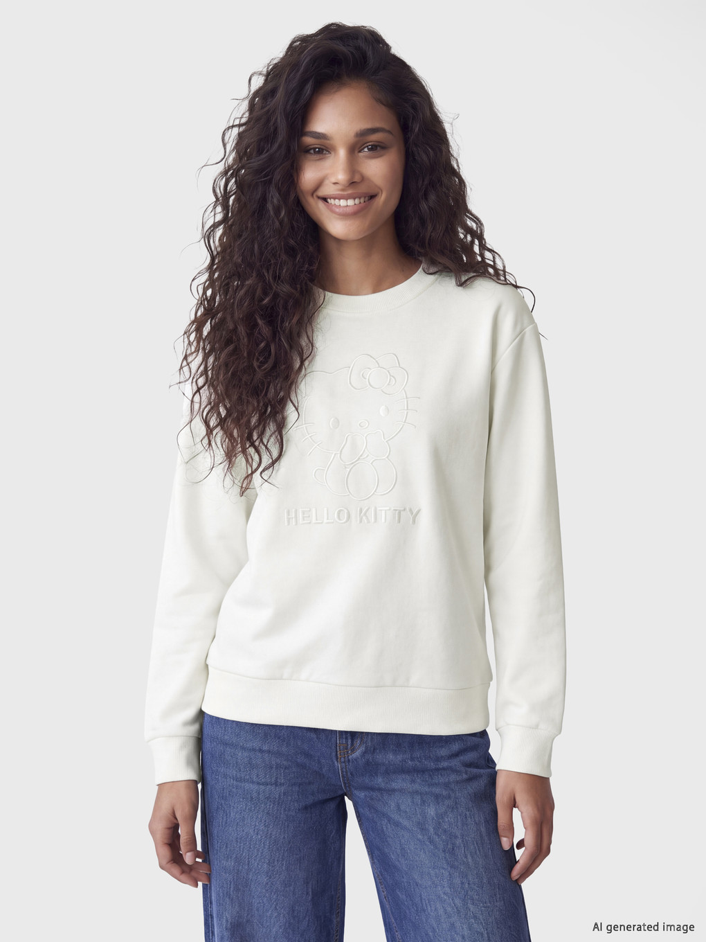Beyaz Hello Kitty Nakışlı Kadın Kalın Sweatshirt