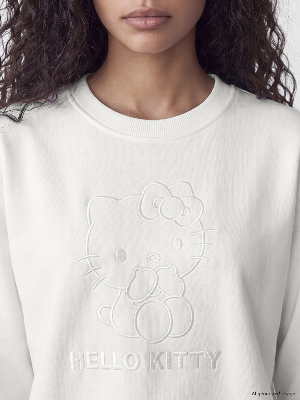 Beyaz Hello Kitty Nakışlı Kadın Kalın Sweatshirt-2