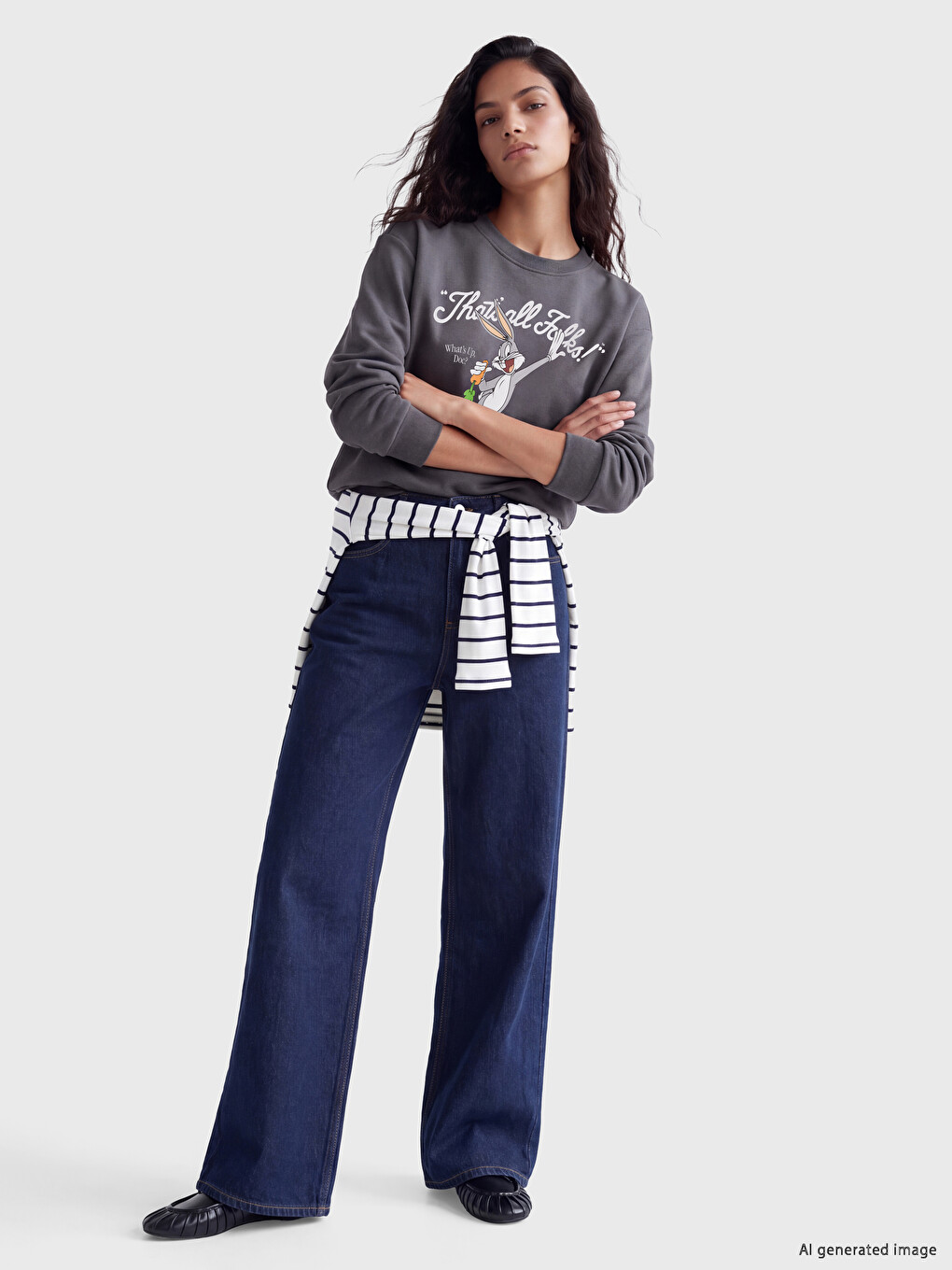 Antrasit Bugs Bunny Baskılı Oversize Kadın Sweatshirt-1