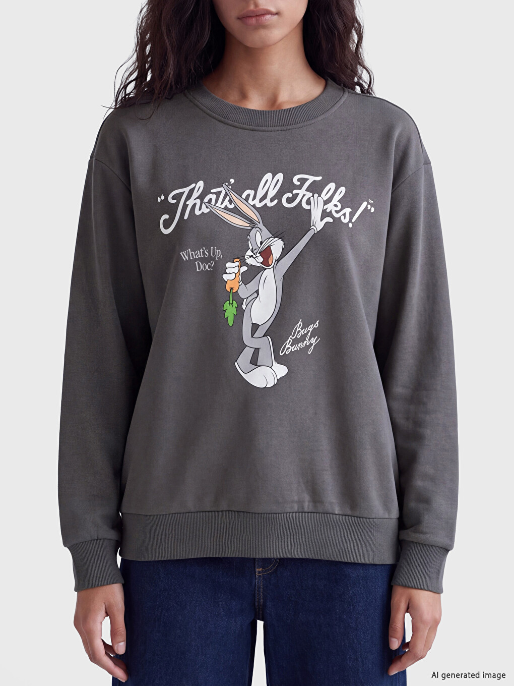 Antrasit Bugs Bunny Baskılı Oversize Kadın Sweatshirt-2
