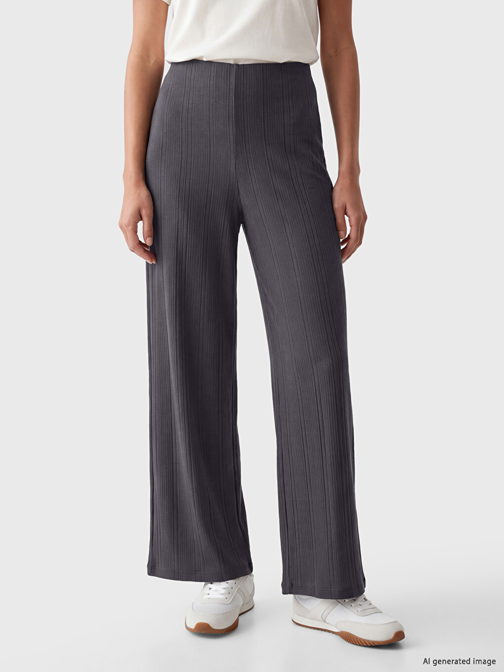 Gri Beli Lastikli Kadın Fitilli Pantolon-1