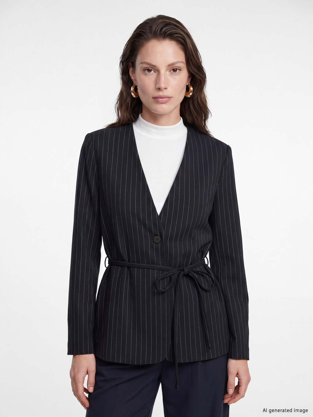 Lacivert Kruvaze Yaka Çizgili Kadın Blazer Ceket