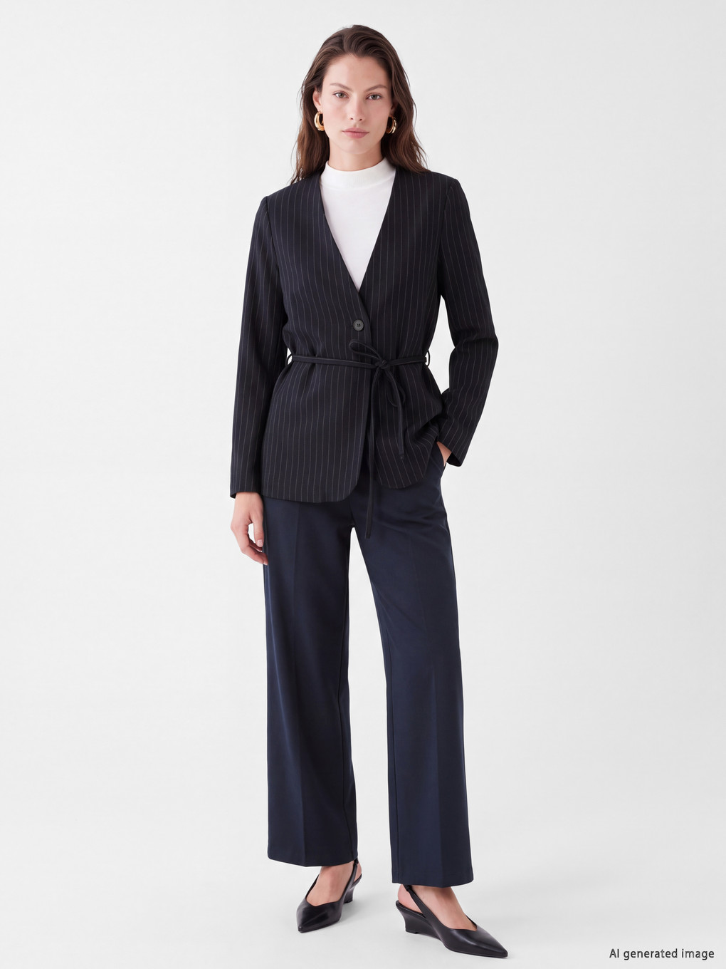 Lacivert Kruvaze Yaka Çizgili Kadın Blazer Ceket-1