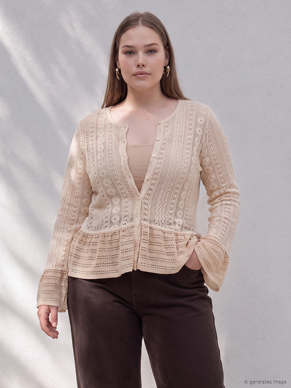 Bej Büyük Beden Dantelli Peplum Bluz