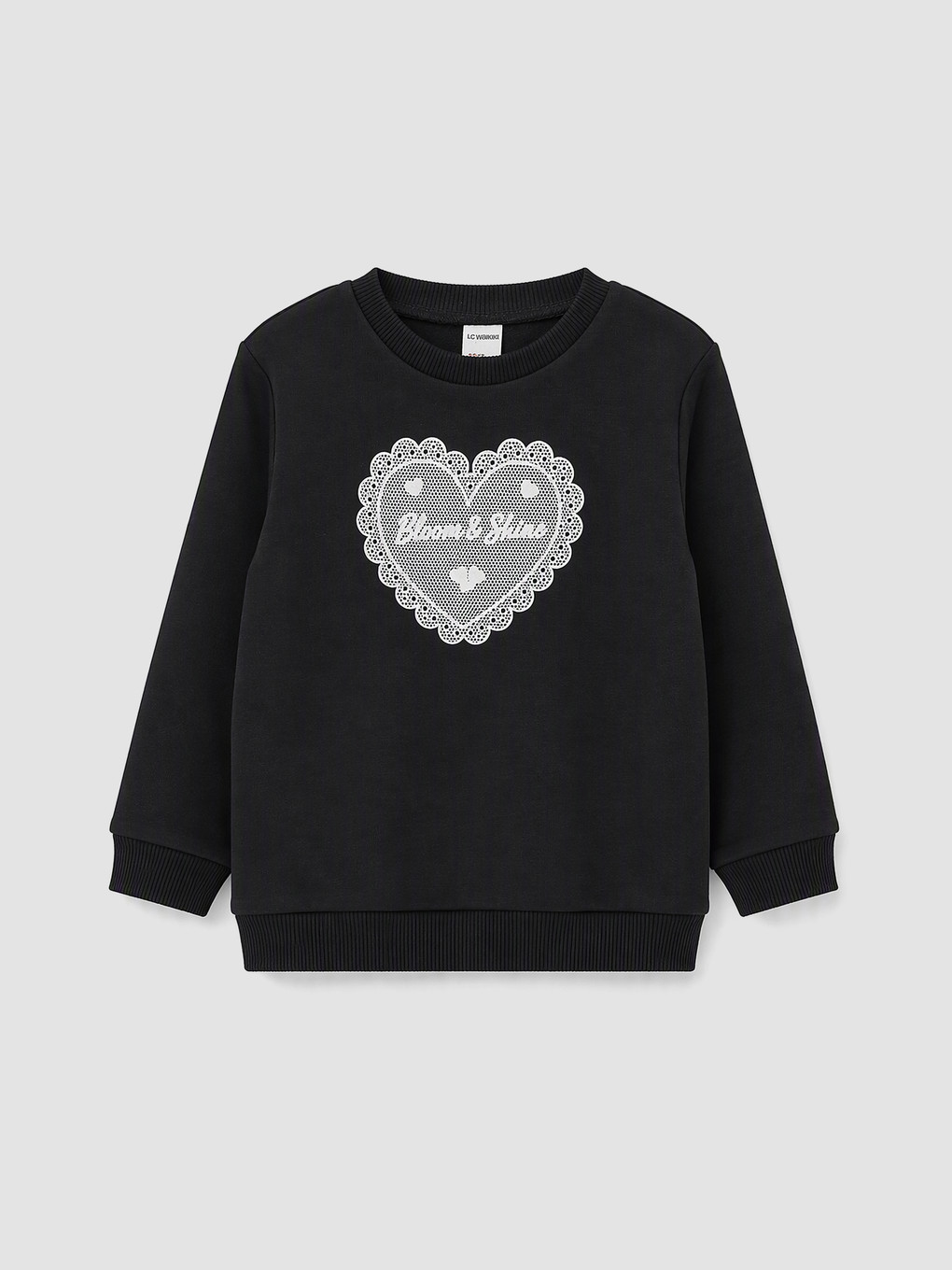 Siyah Bisiklet Yaka Kız Çocuk Kalın Sweatshirt
