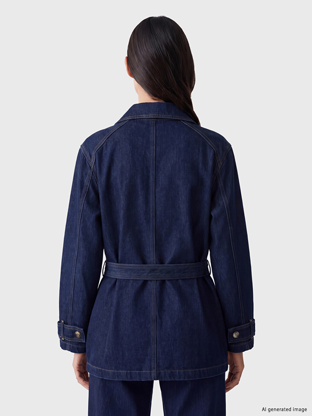 İndigo Gömlek Yaka Beli Kuşaklı Kadın Jean Ceket-3