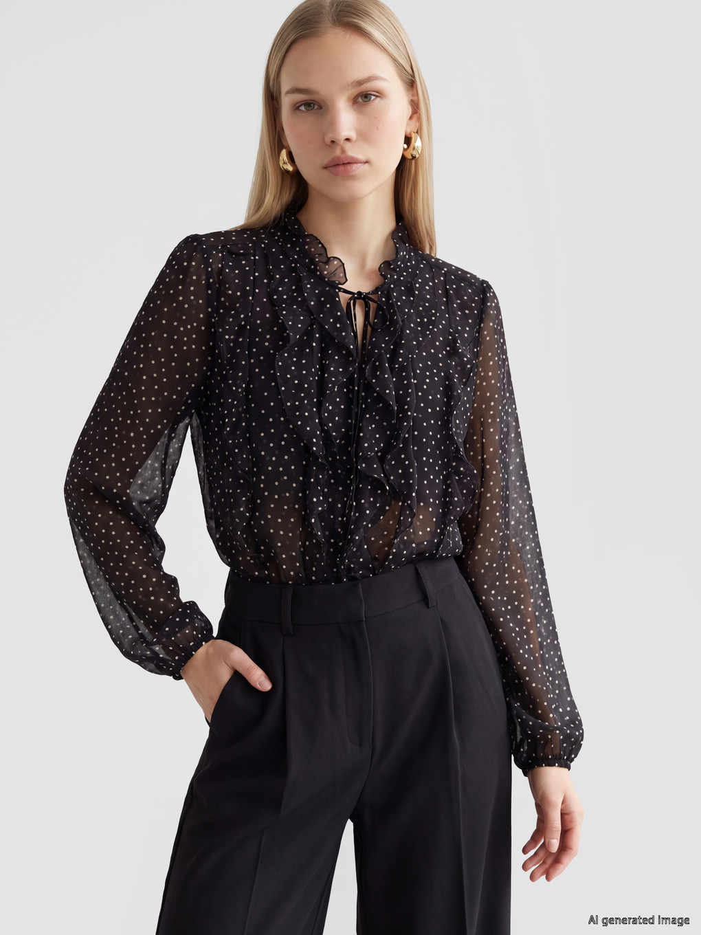 LCW Vision Tie-neck Polka Dot Frilled Blouse - W6HR10Z8-LQJ | LC