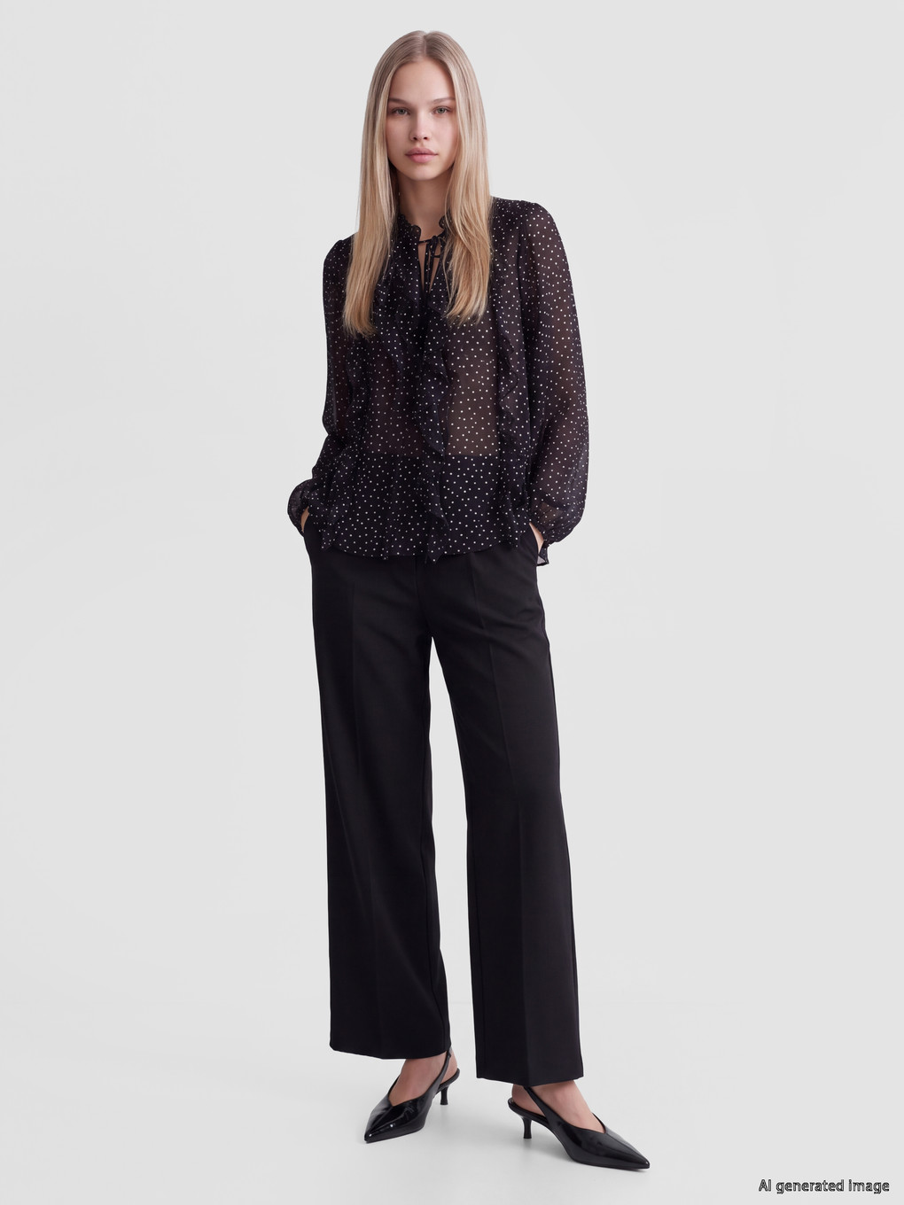 Tie-neck Polka Dot Frilled Blouse-1