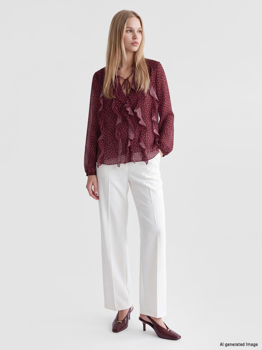 Tie-neck Polka Dot Frilled Blouse-1