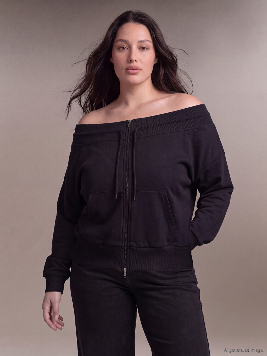 Siyah Büyük Beden Kadın Fermuarlı Sweatshirt