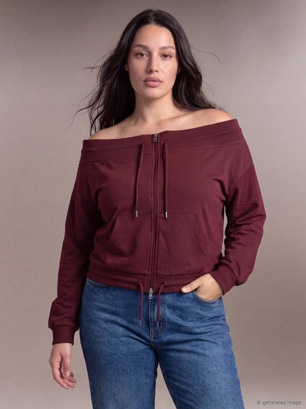 Bordo Büyük Beden Kadın Fermuarlı Sweatshirt