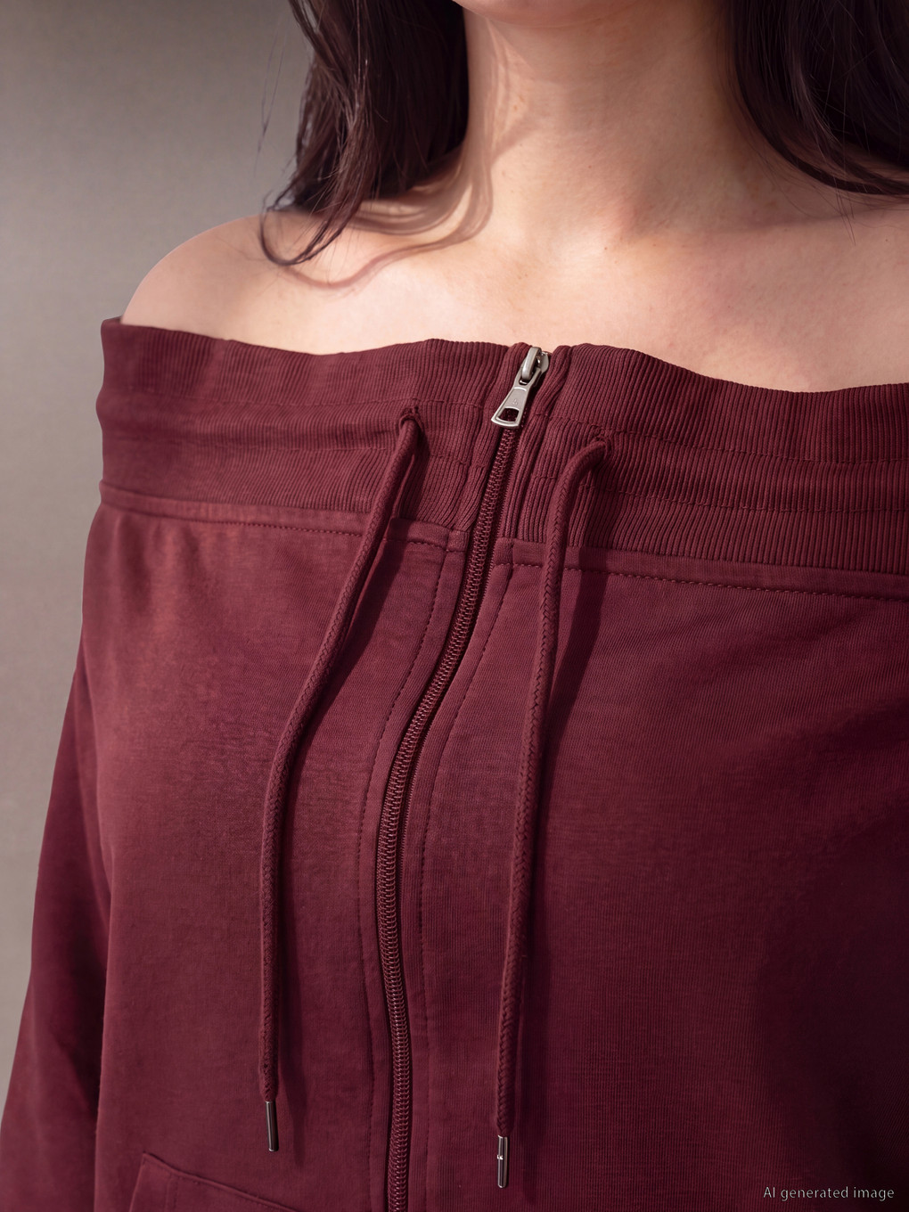 Bordo Büyük Beden Kadın Fermuarlı Sweatshirt-1