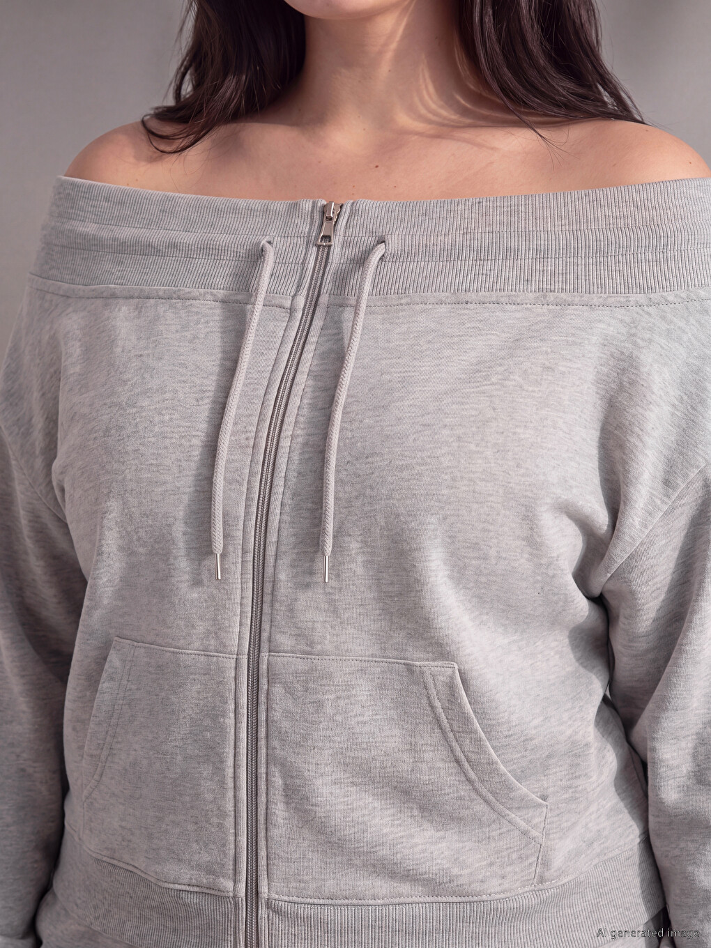 Gri Büyük Beden Kadın Fermuarlı Sweatshirt-1