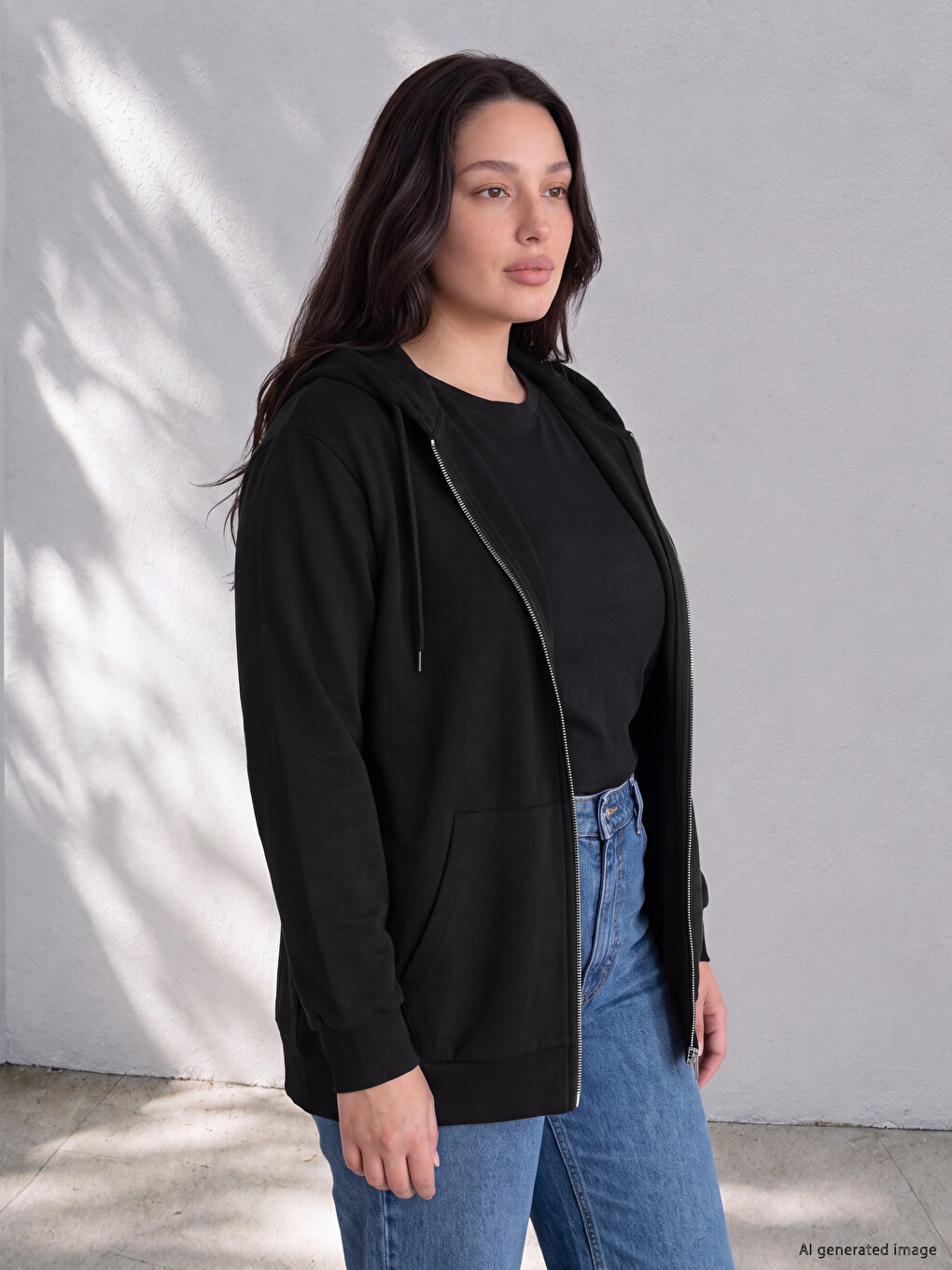 Siyah Büyük Beden Kadın Fermuarlı Sweatshirt