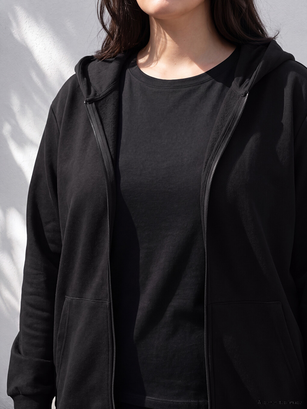 Siyah Büyük Beden Kadın Fermuarlı Sweatshirt-1