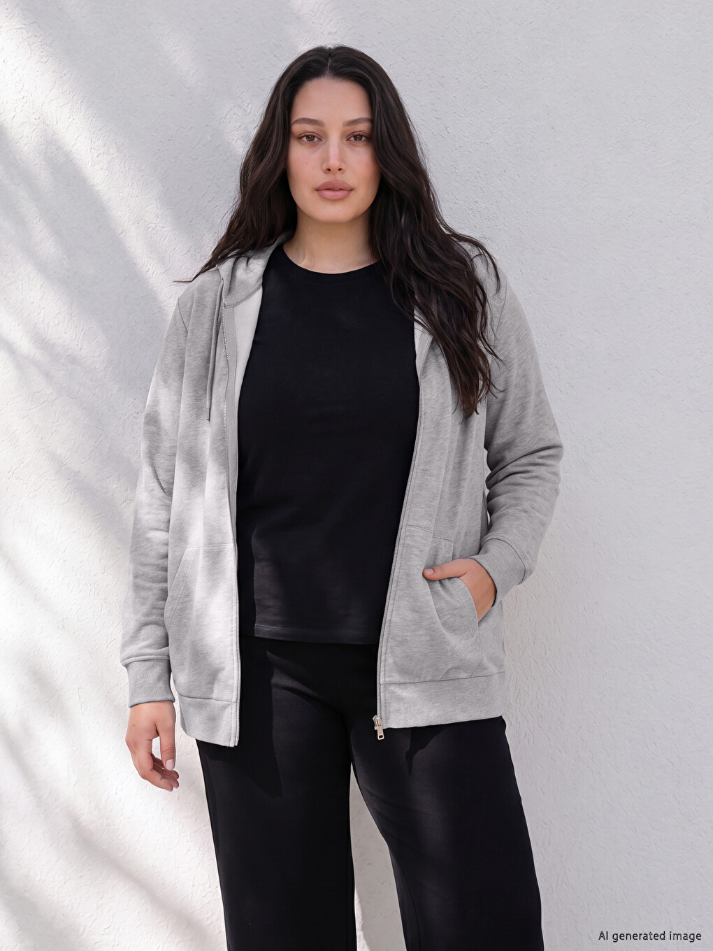 Gri Büyük Beden Kadın Fermuarlı Sweatshirt