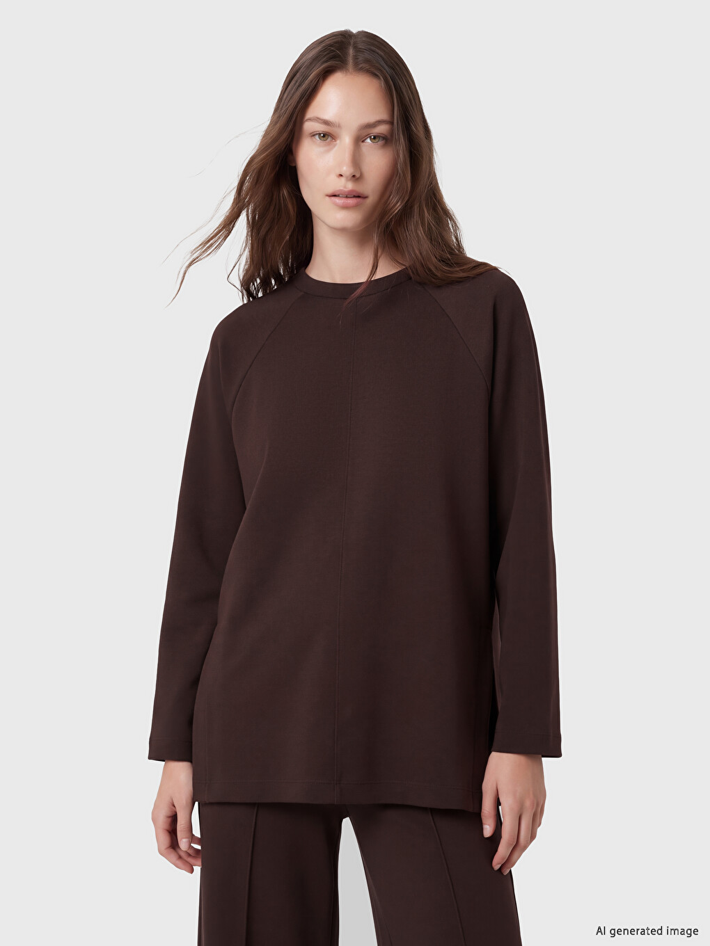 Kahverengi Soft Touch Oversize Kadın Sweatshirt Tunik