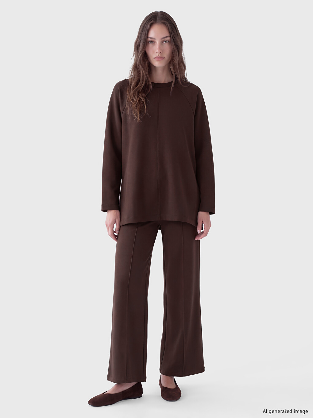 Kahverengi Soft Touch Oversize Kadın Sweatshirt Tunik-1