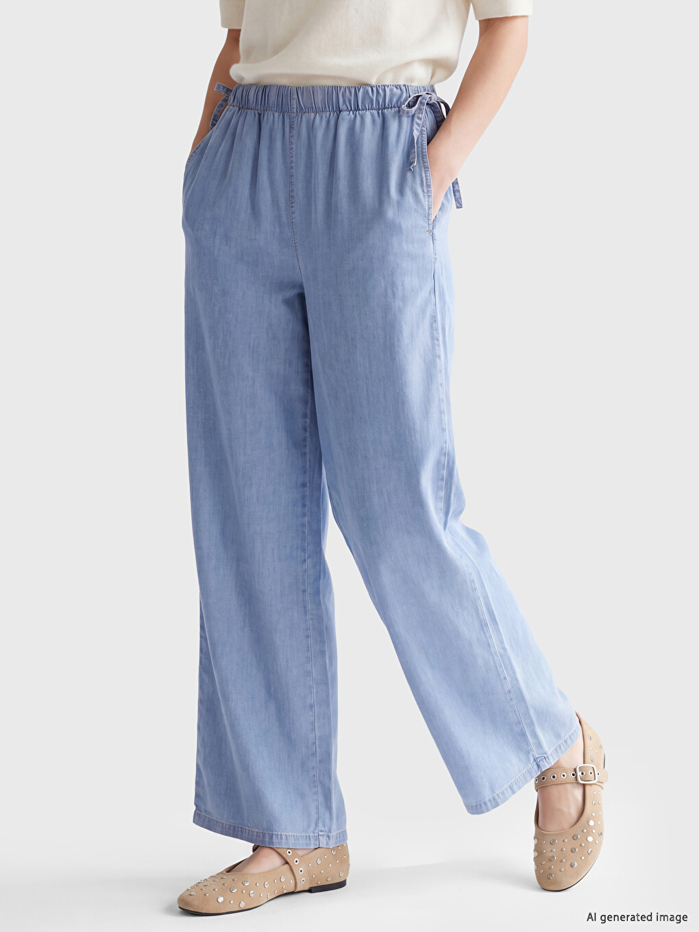 İndigo Beli Lastikli Wideleg Kadın Jean Pantolon-1