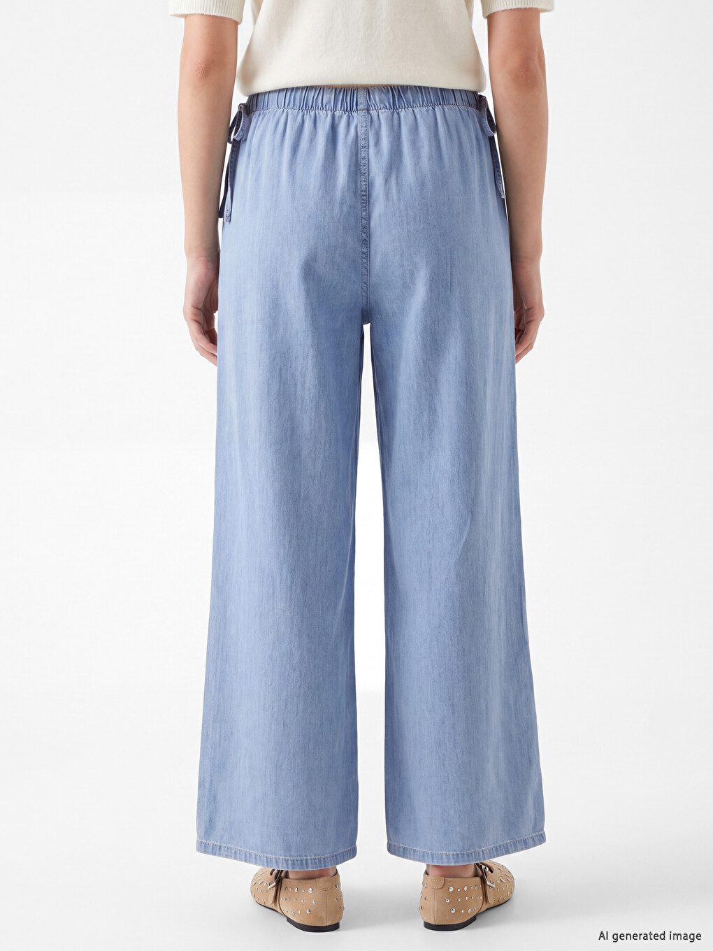 İndigo Beli Lastikli Wideleg Kadın Jean Pantolon-3