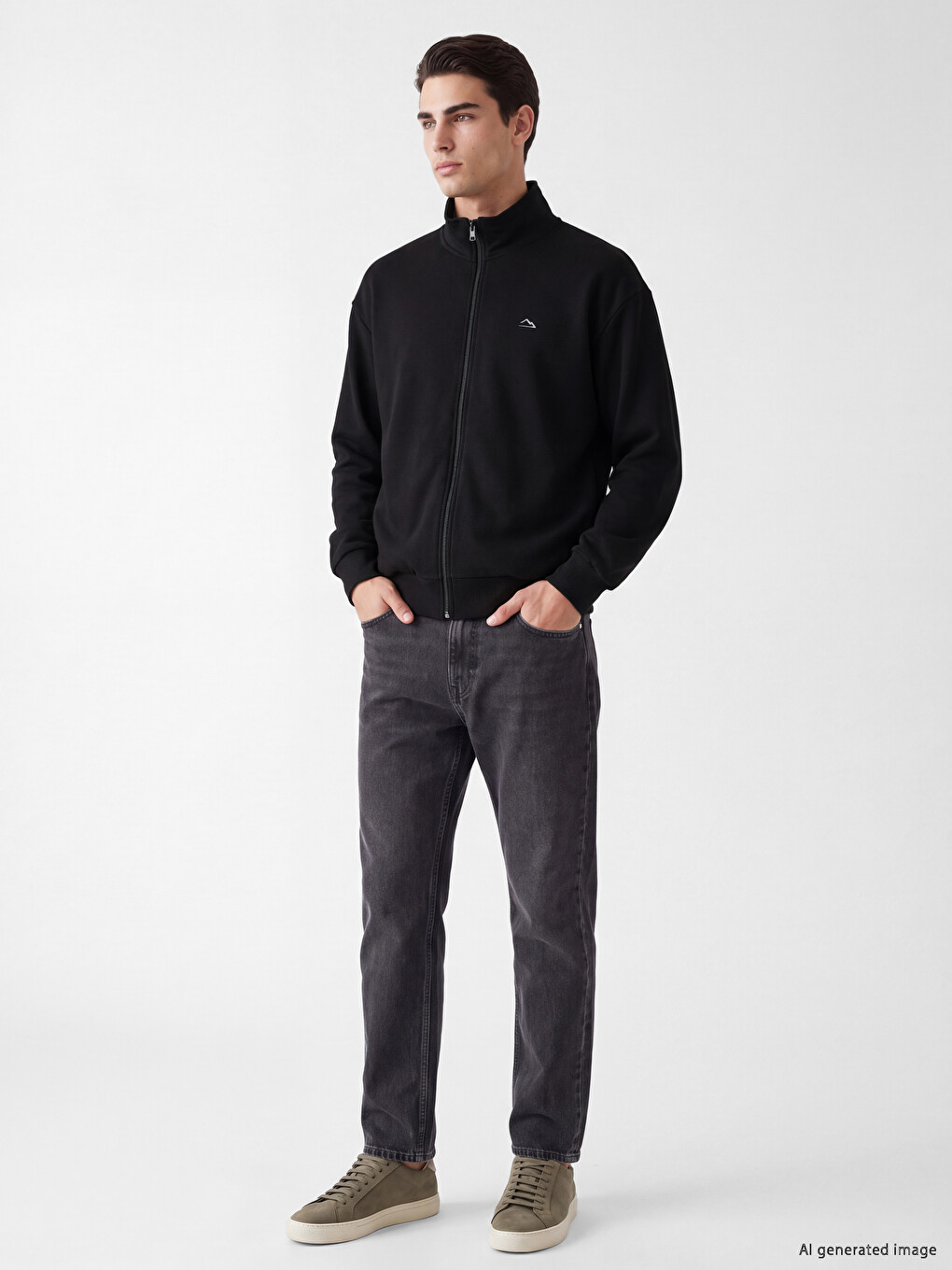 Siyah Dik Yaka Erkek Fermuarlı Sweatshirt-1