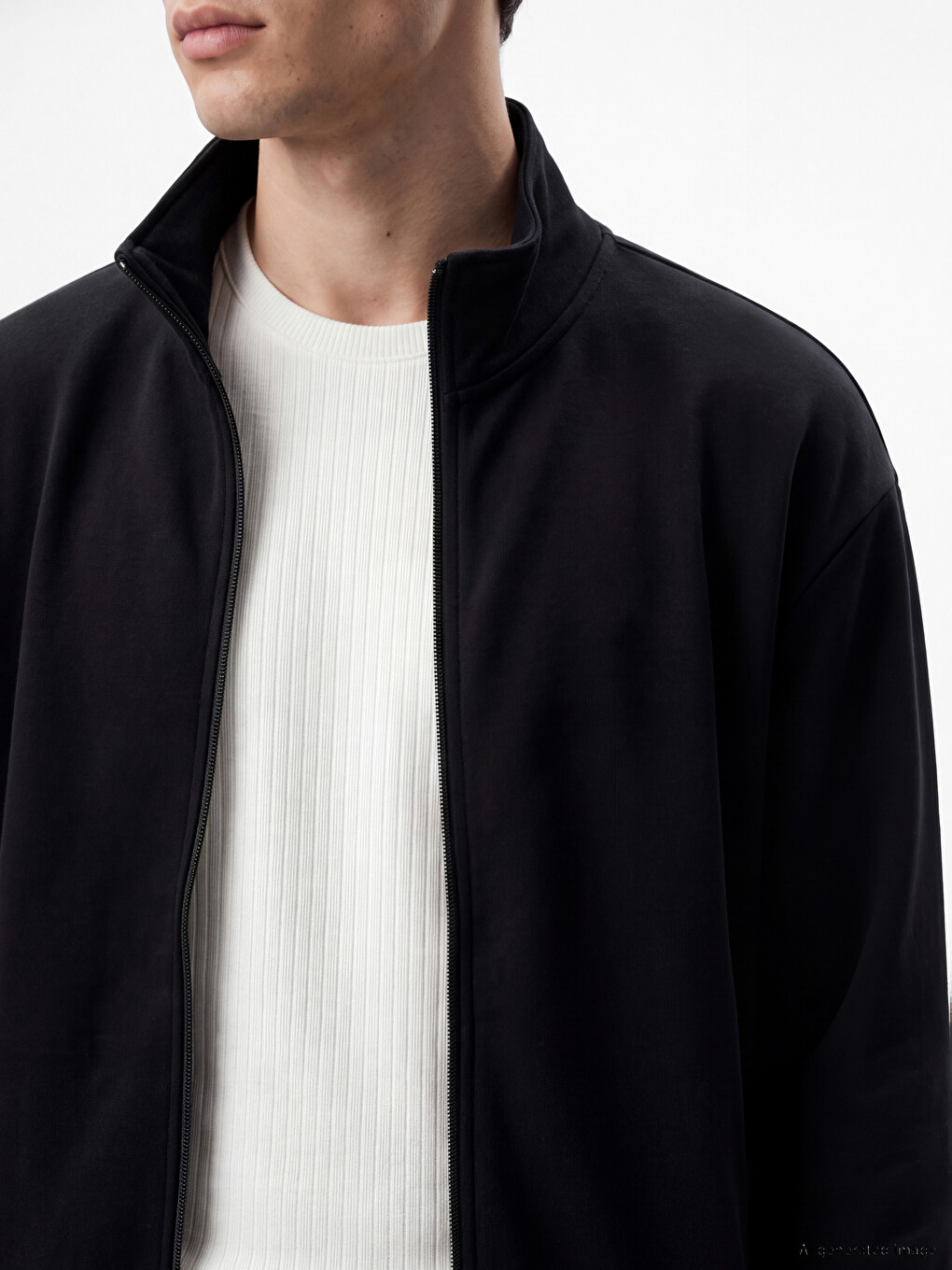 Siyah Dik Yaka Erkek Fermuarlı Sweatshirt-2
