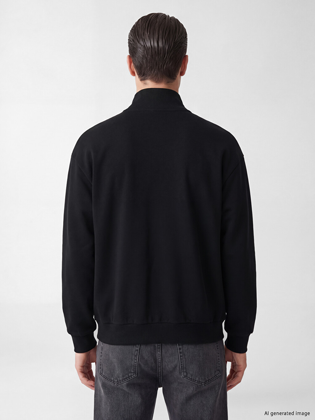 Siyah Dik Yaka Erkek Fermuarlı Sweatshirt-3