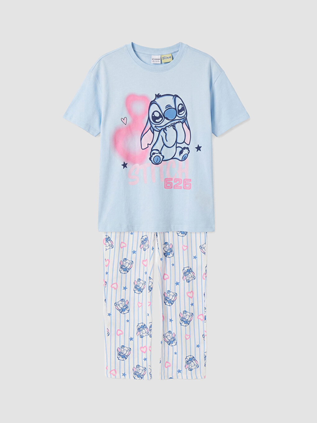 Mavi Stitch Baskılı Kız Çocuk Pijama Takım