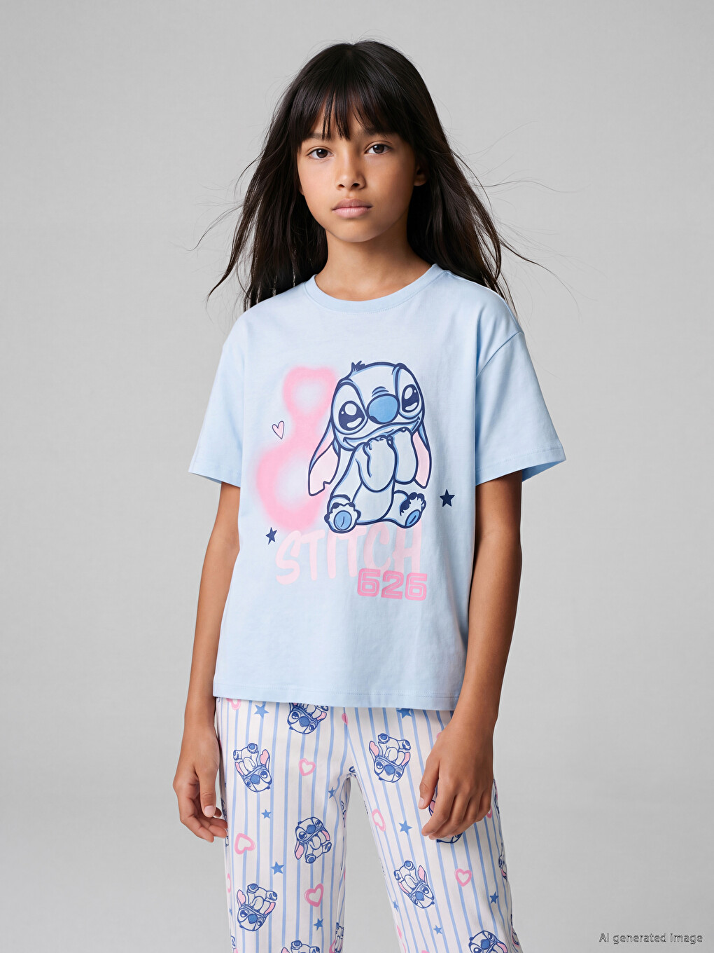 Mavi Stitch Baskılı Kız Çocuk Pijama Takım-1