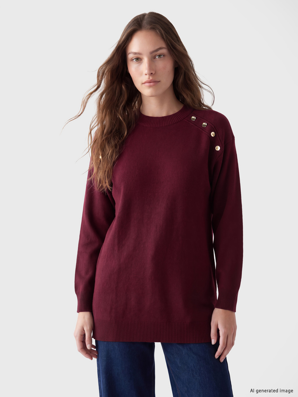 Bordo Düğme Detaylı Kadın Triko Tunik