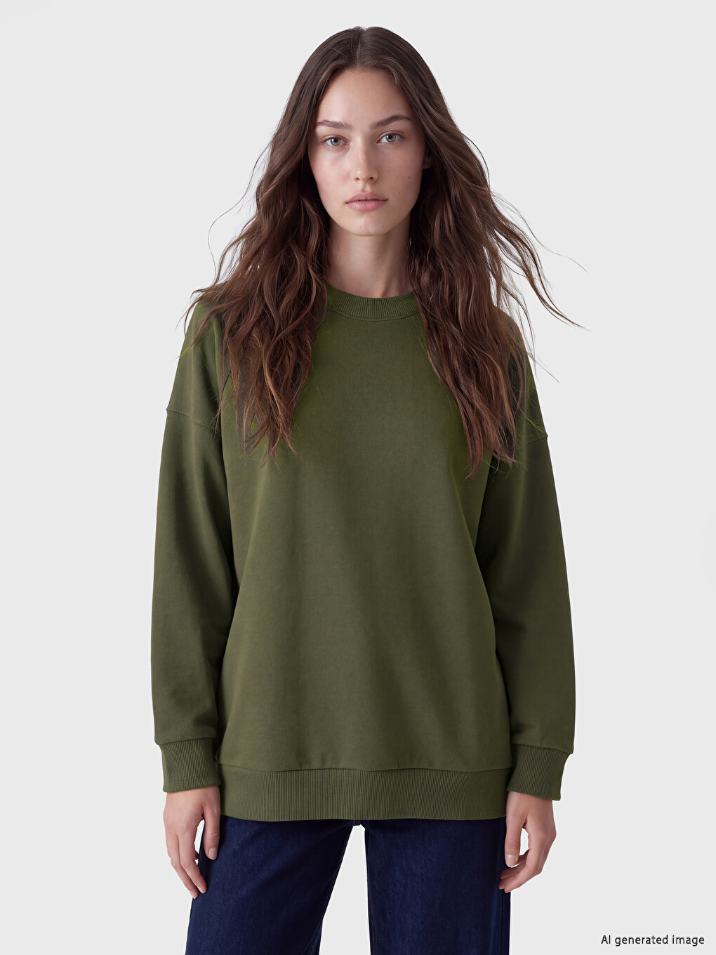 Yeşil Oversize Kadın Kalın Sweatshirt Tunik