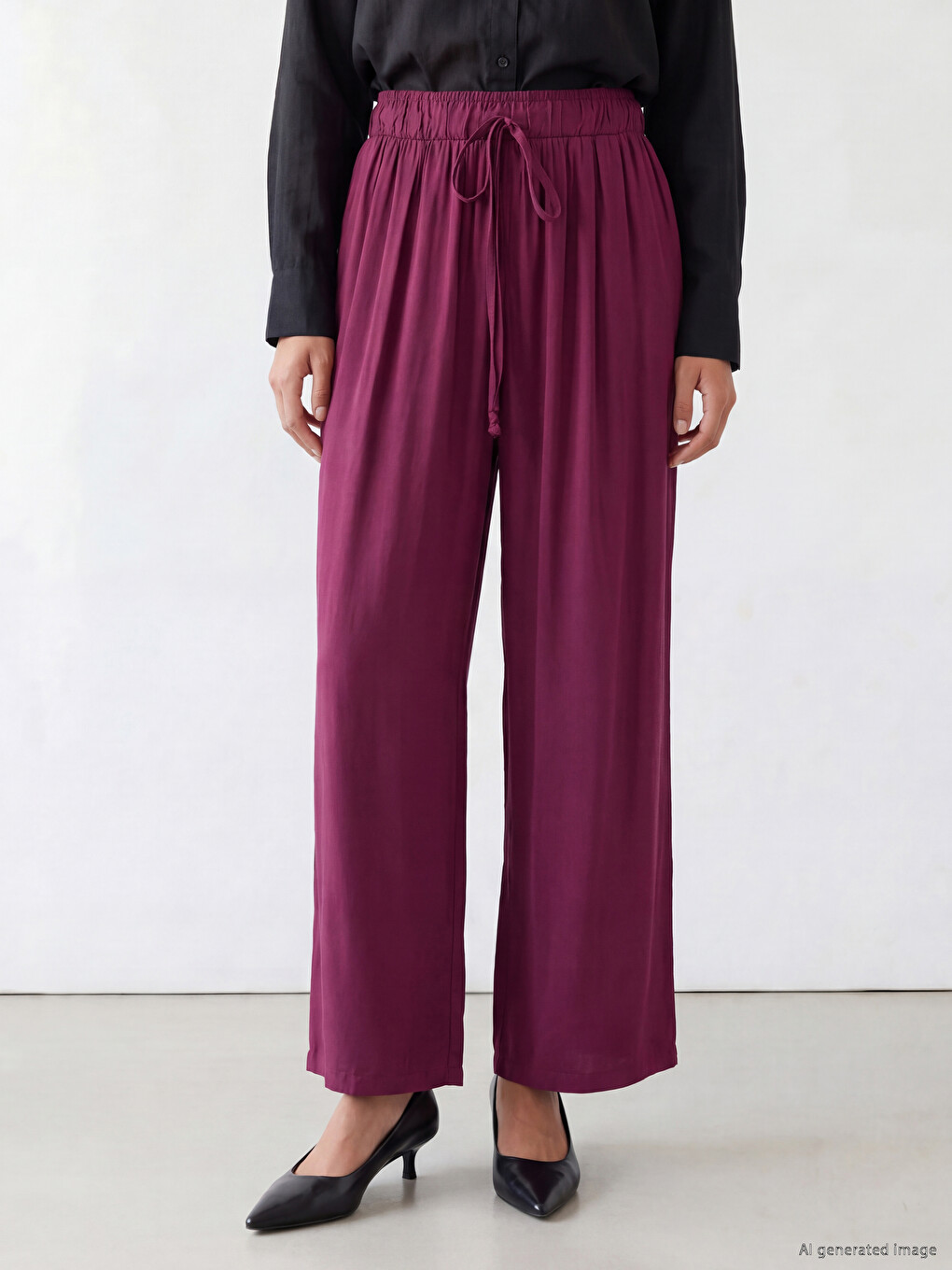 Mürdüm Beli Lastikli Geniş Paça Kadın Pantolon-1