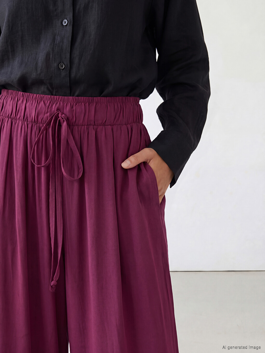 Mürdüm Beli Lastikli Geniş Paça Kadın Pantolon-2