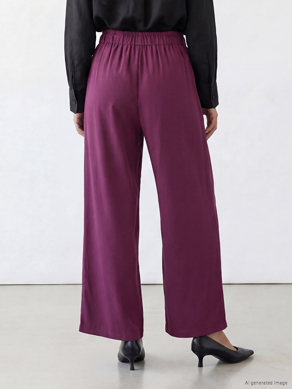 Mürdüm Beli Lastikli Geniş Paça Kadın Pantolon-3