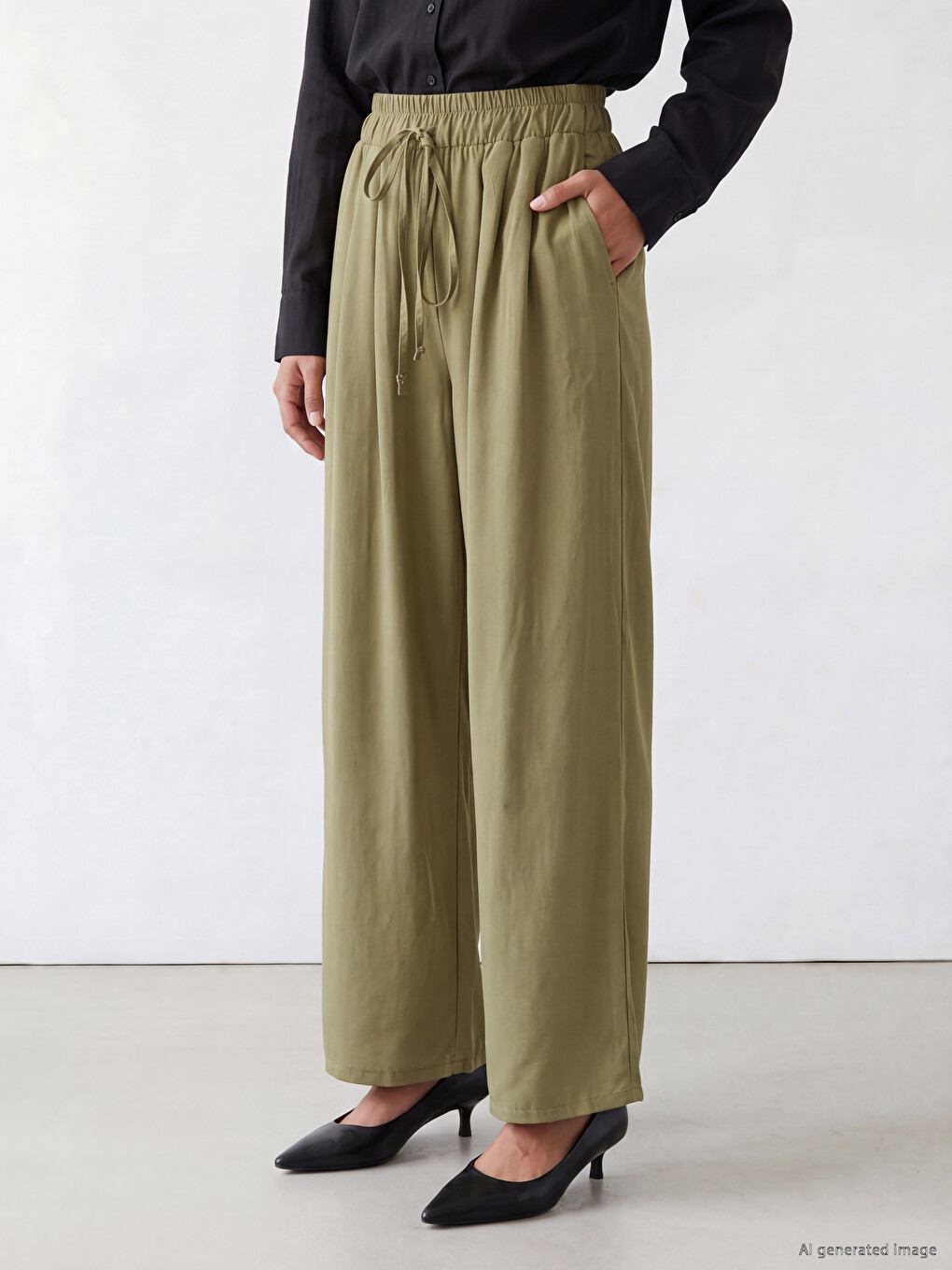 Yeşil Beli Lastikli Geniş Paça Kadın Pantolon-1