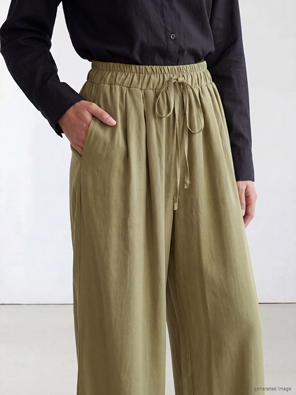 Yeşil Beli Lastikli Geniş Paça Kadın Pantolon-2