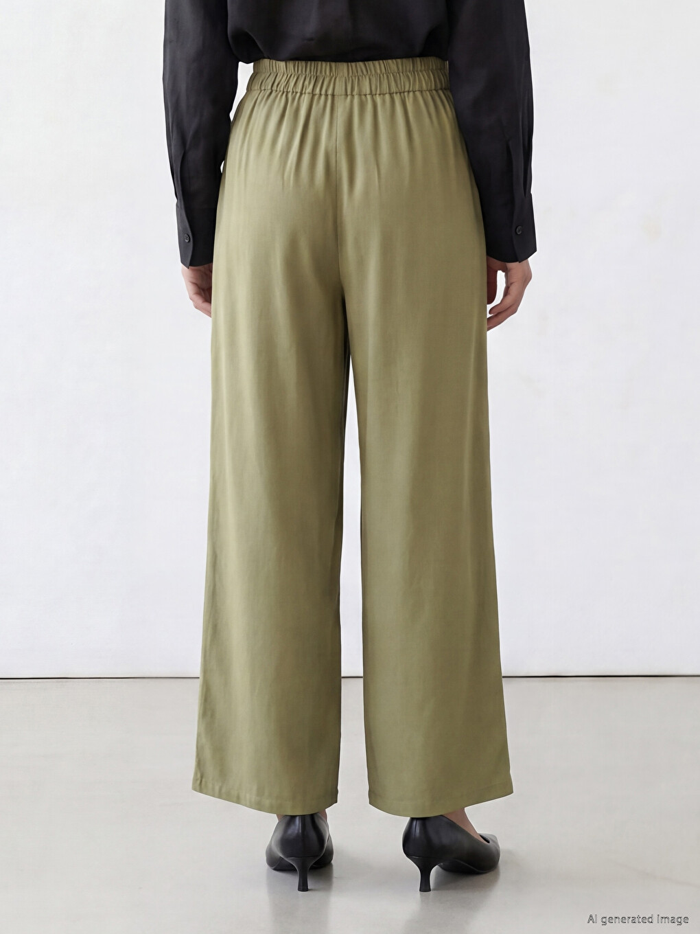 Yeşil Beli Lastikli Geniş Paça Kadın Pantolon-3