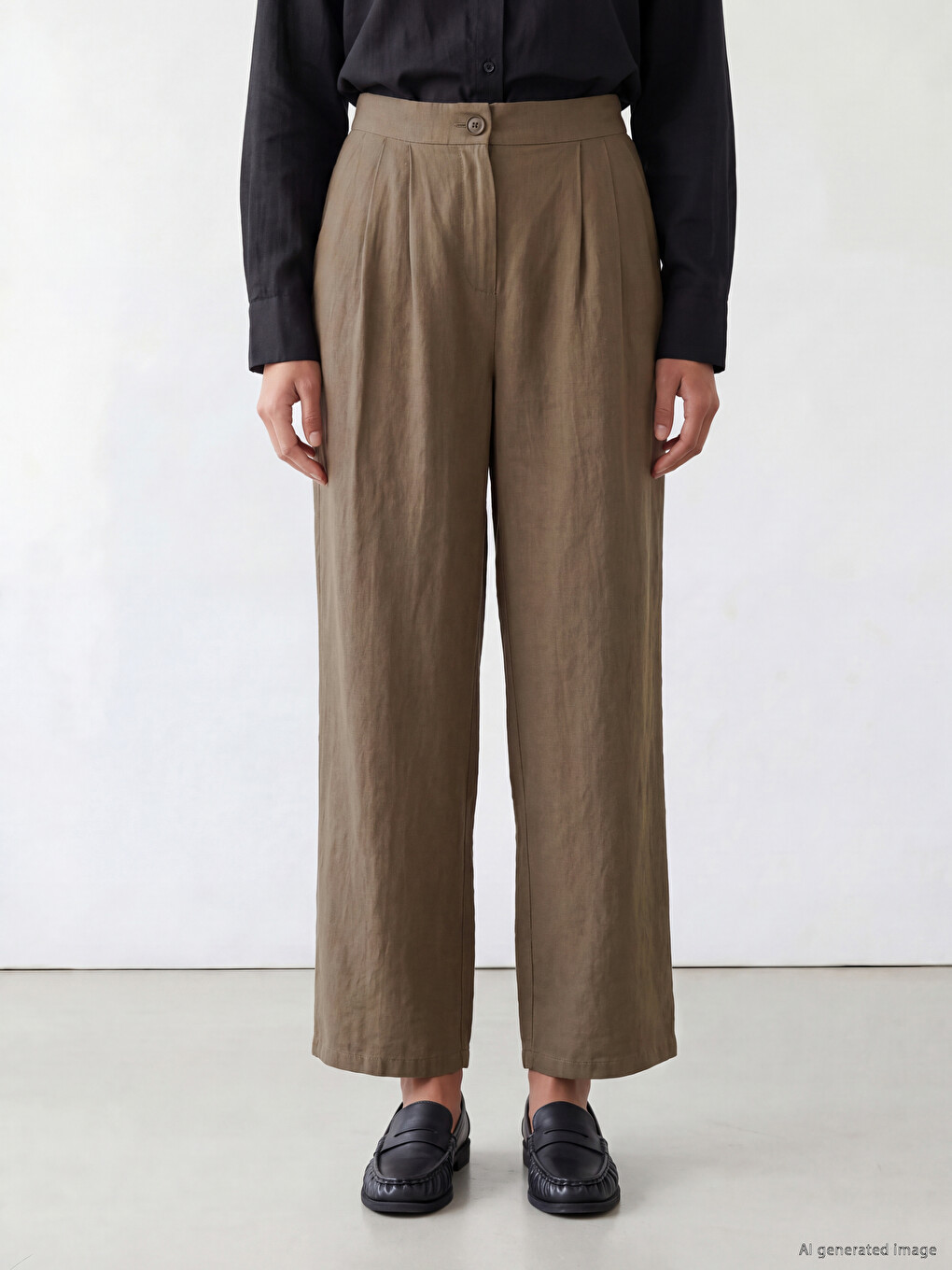 Haki Beli Lastikli Geniş Paça Kadın Pileli Pantolon-1