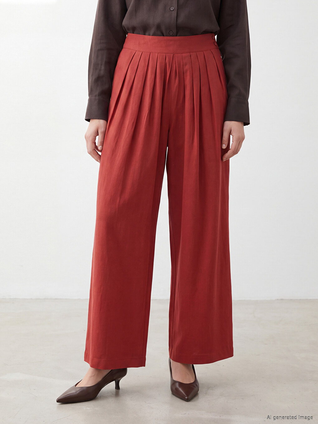 Kahverengi Regular Fit Kadın Pileli Kumaş Pantolon-1