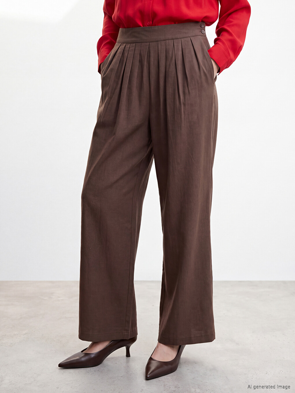 Kahverengi Regular Fit Kadın Pileli Kumaş Pantolon-1