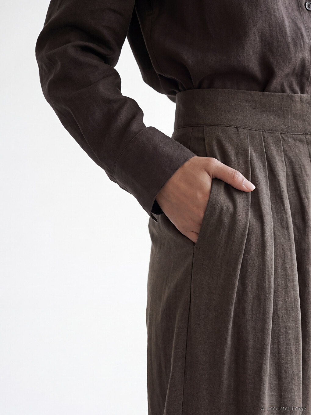 Haki Regular Fit Kadın Pileli Kumaş Pantolon-2
