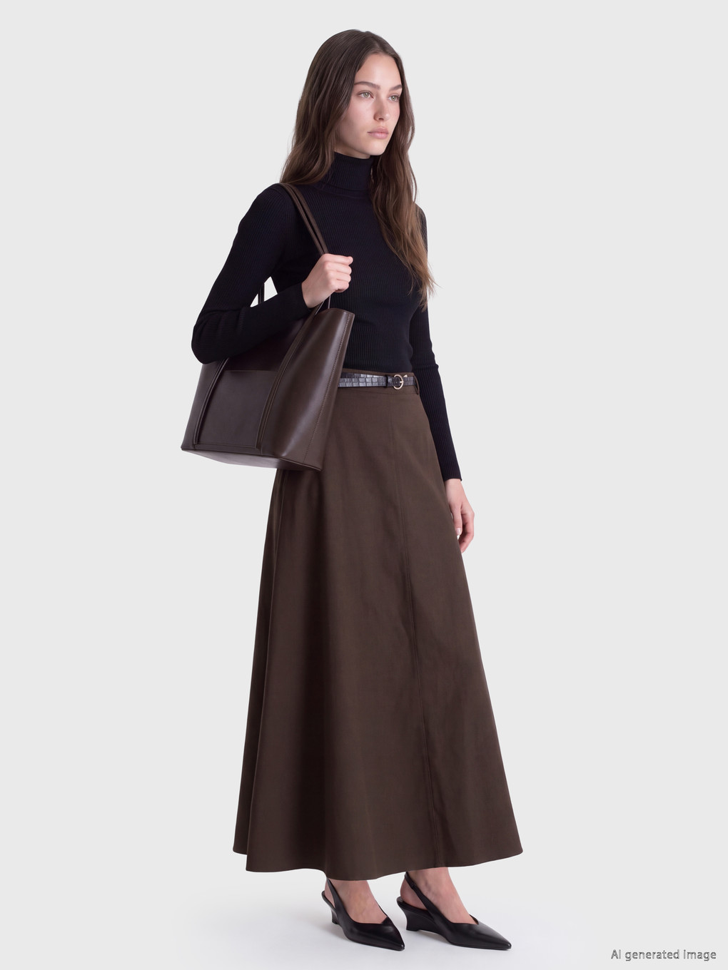 Belted Gabardine Flared Skirt