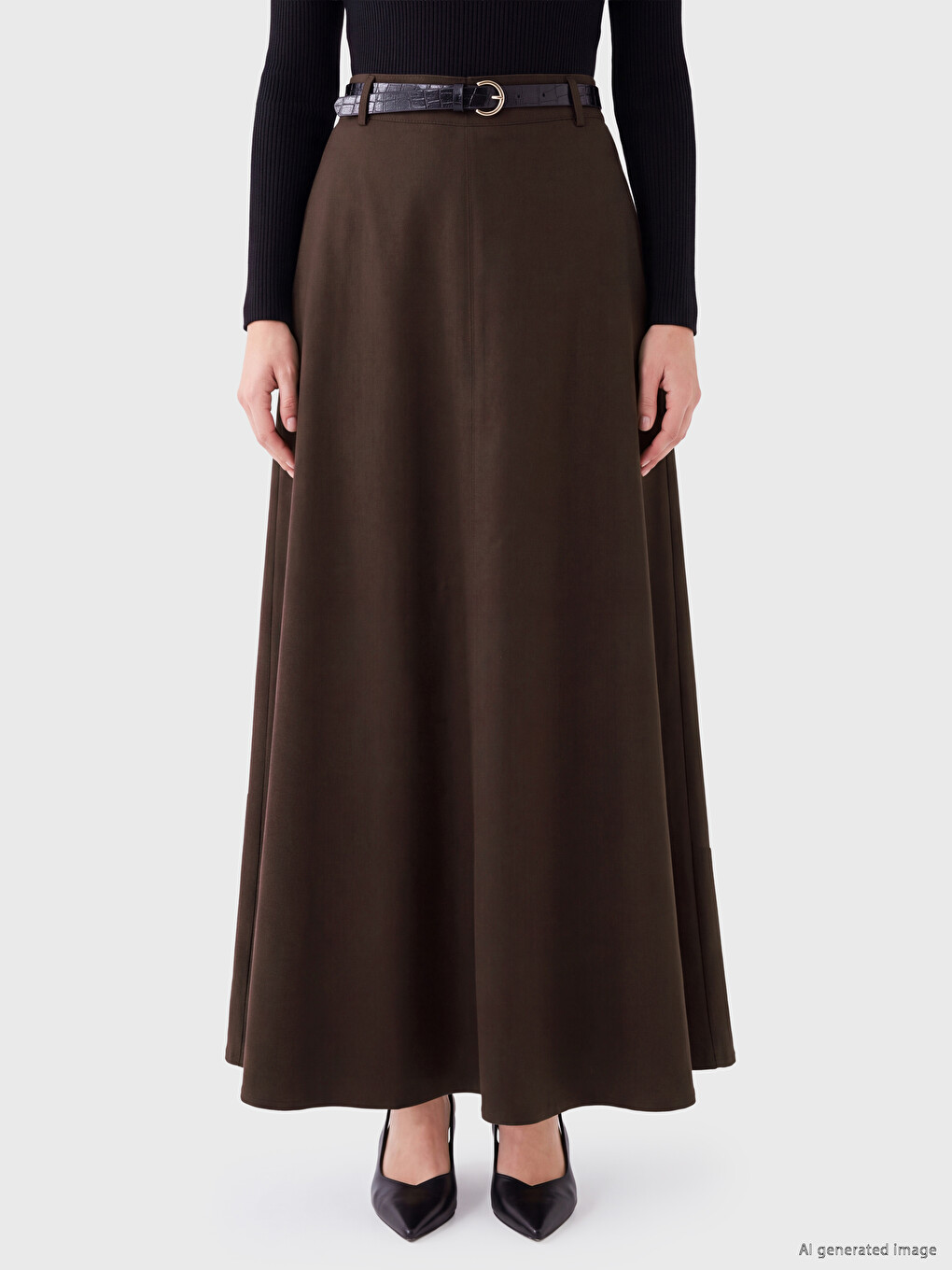 Belted Gabardine Flared Skirt-1